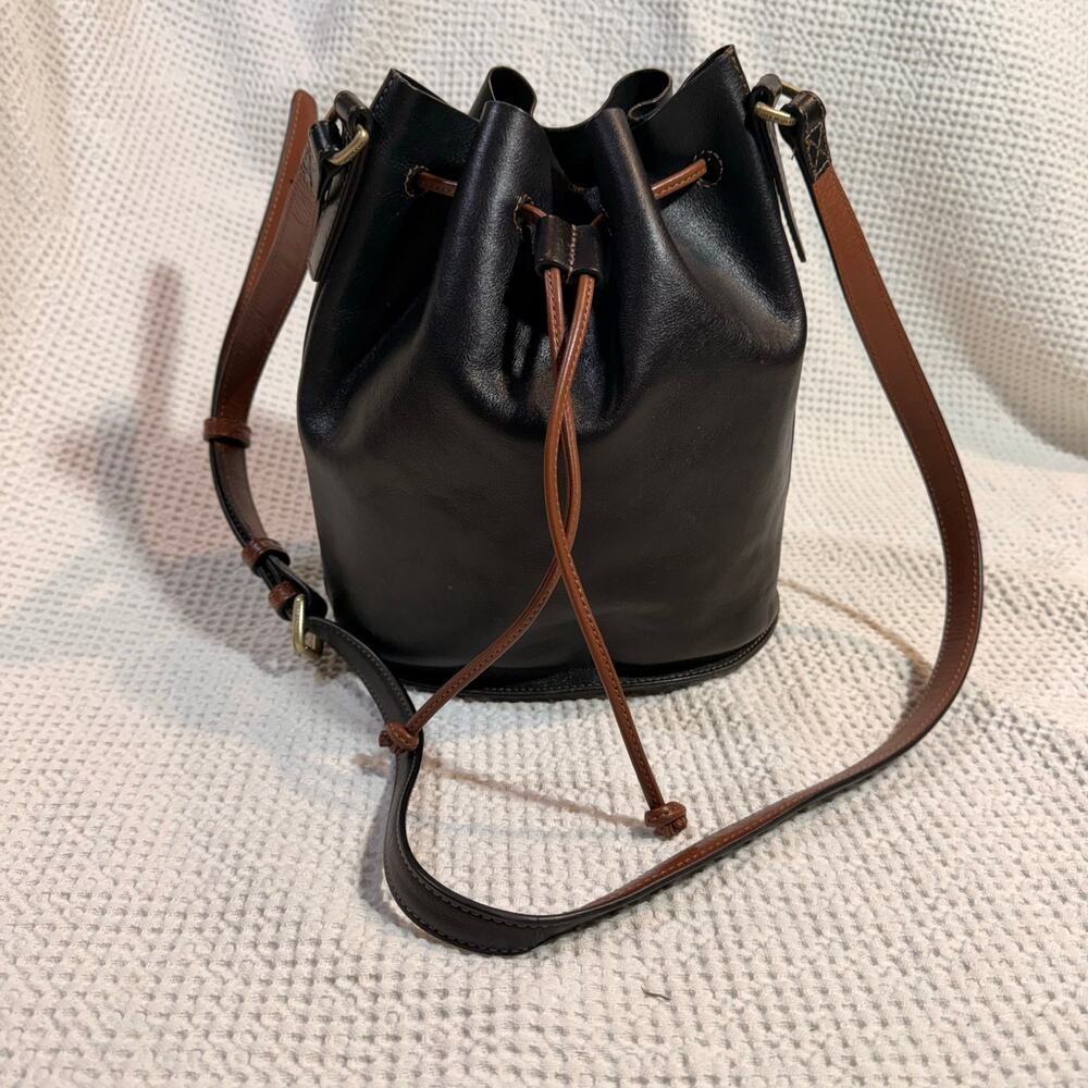 Vera Bradley Black Leather Drawstring Crossbody Bucket Bag